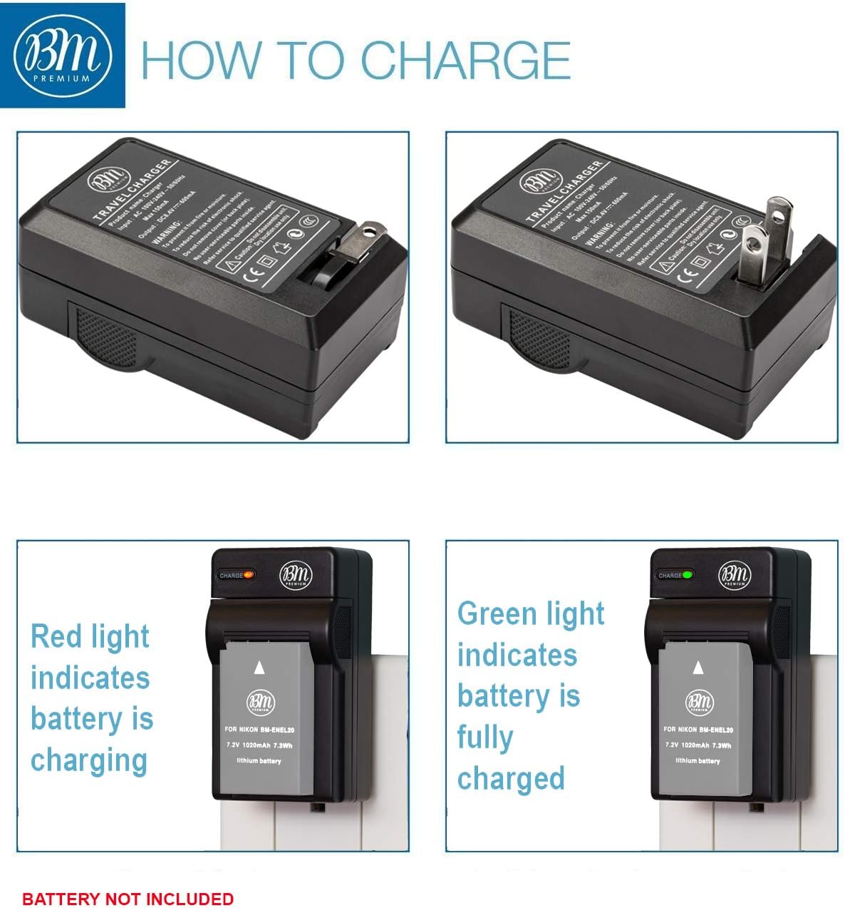 BM Premium EN-EL20, EN-EL20A Battery Charger for Nikon Coolpix P950, P1000, P1100, DL24-500, Coolpix A, 1 J1, 1 J2, 1 J3, 1 S1, 1 V3 Digital Camera + More!!