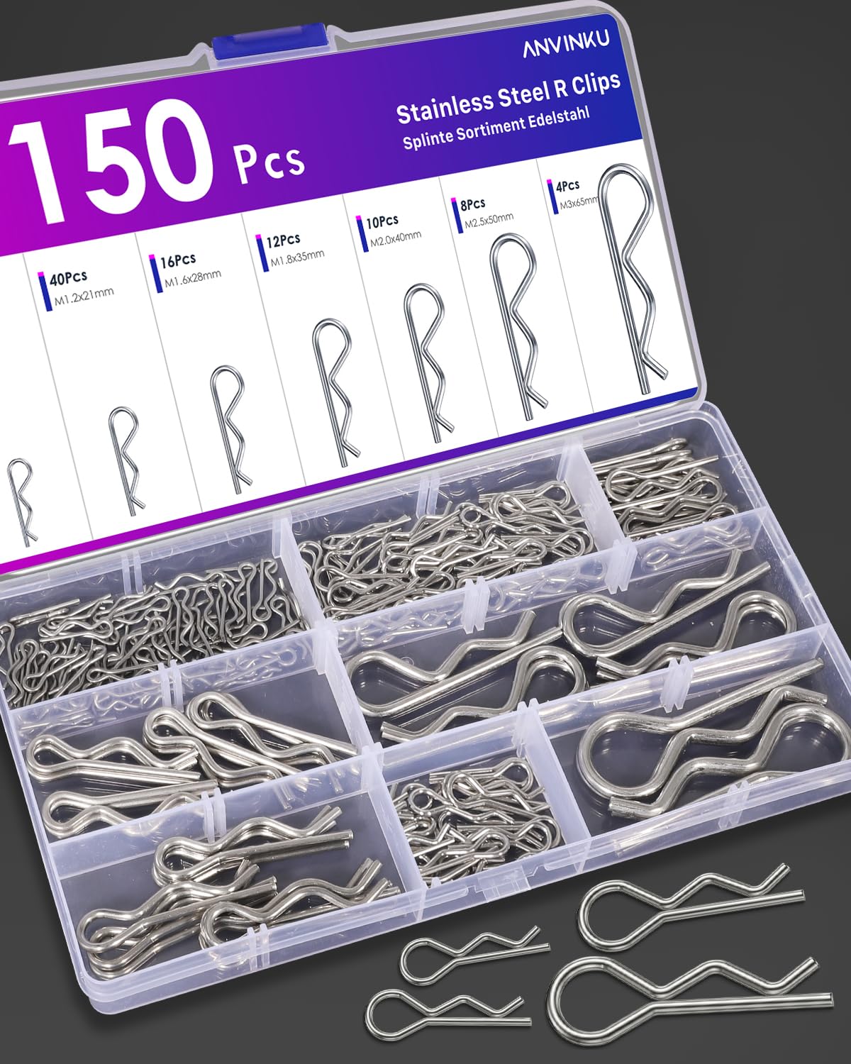 Set di 150 splinte in acciaio inox, 7 misure a molla, 304 clip a R, in acciaio inox, assortimento di morsetti a molla per auto, meccanica, riparazione navale