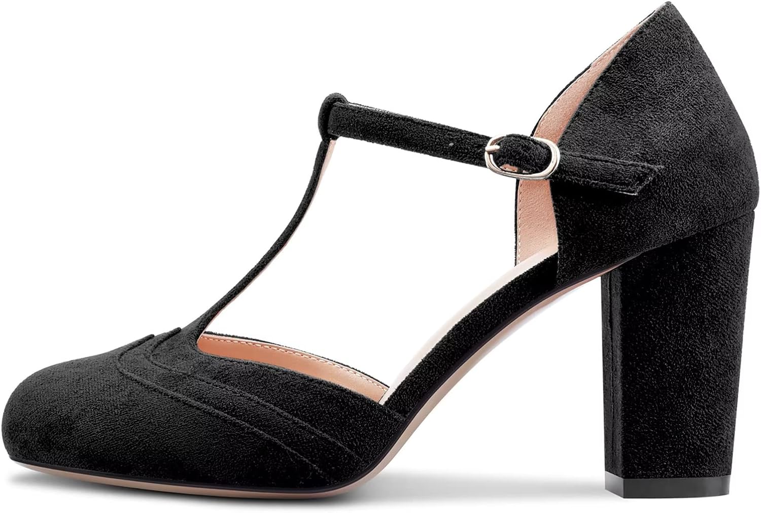 Castamere Women Chunky Block High Heel Round Toe Pumps T-Strap Buckle Wedding Office 3.3 Inches Heels