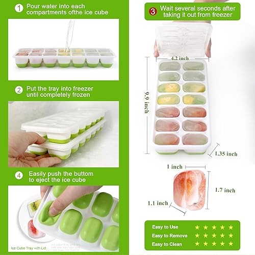 Miniatura 7 de Bandeja para cubitos de hielo con tapa, fácil liberación, 14 hielos, bandeja de silicona para cubitos de hielo con tapa extraíble resistente a