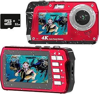 - Underwater Camera 4K 48MP Waterproof Digital Camera with 32GB Card, Dual-Screen Selfie (Front & Rear), 10FT/3M Dive for Snorkeling, Surfing, Rafting, Swimming, Travel
