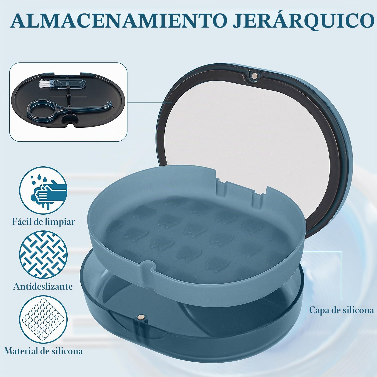 Linkidea Estuche de almacenamiento de doble capa con espejo para retenedor, caja de contenedor portátil con herramienta de extracción, cepillo, protector bucal para niños con cierre magnético (azul)