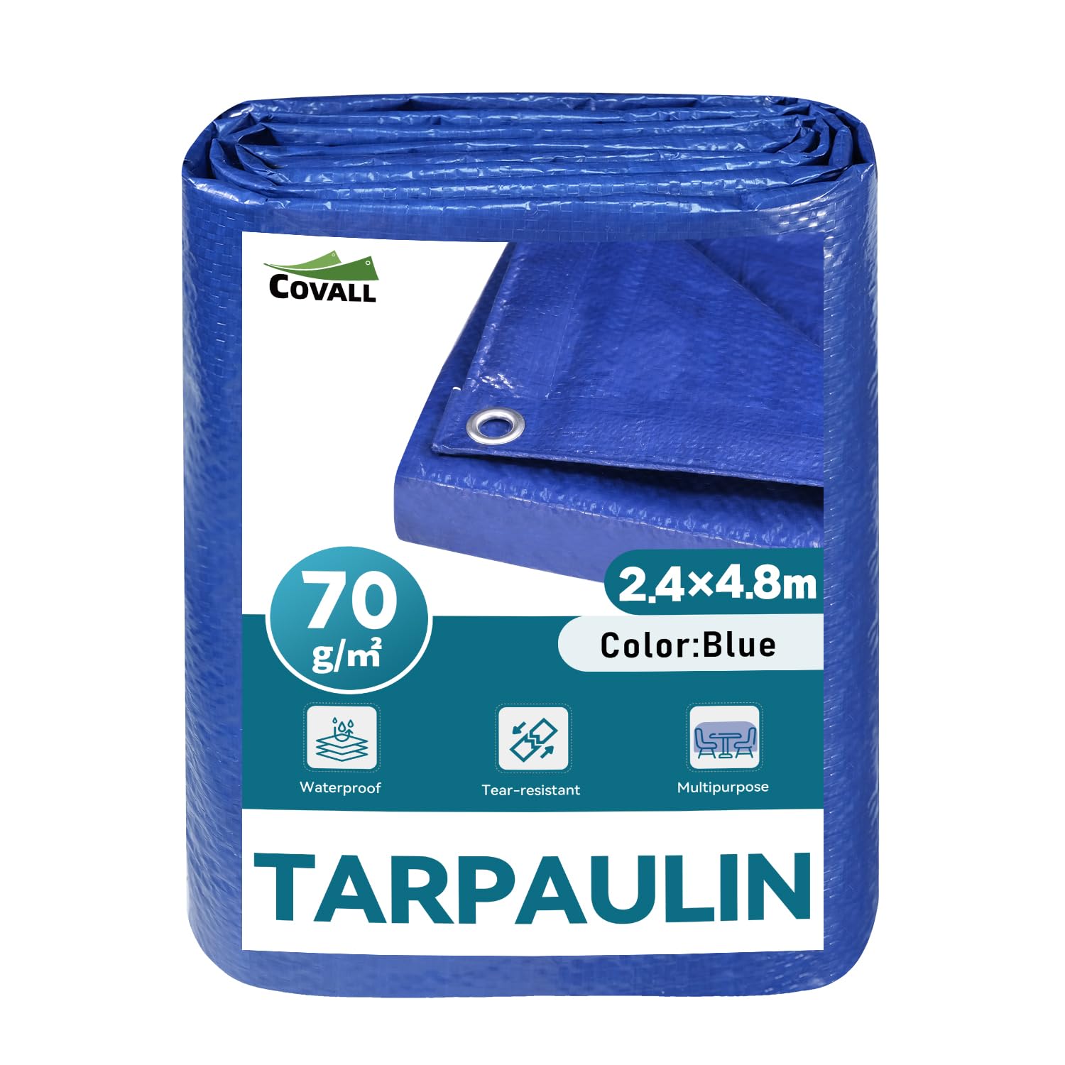 COVALL Blue Tarpaulin 2.4m x 4.8m, 70GSM Lightweight Waterproof Tarp, Ground Sheets for Camping, Tear Resistant, Rust-proof Eyelets, Multi-Purpose Outdoor Garden Cover