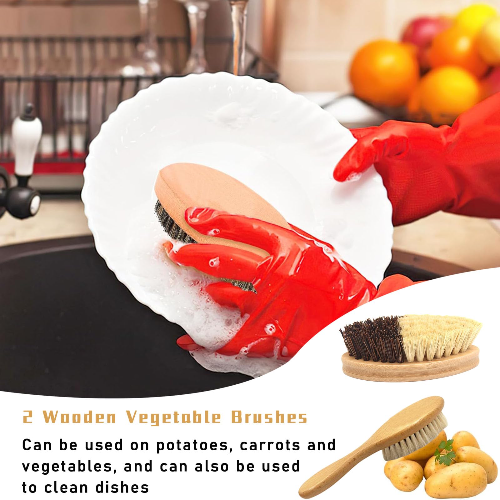 2 cepillos de cocina de madera, cepillo para verduras y setas, cepillo para verduras, madera, 11 x 5 cm, cepillo para patatas, cepillo de cocina para verduras y frutas para patatas, zanahorias y