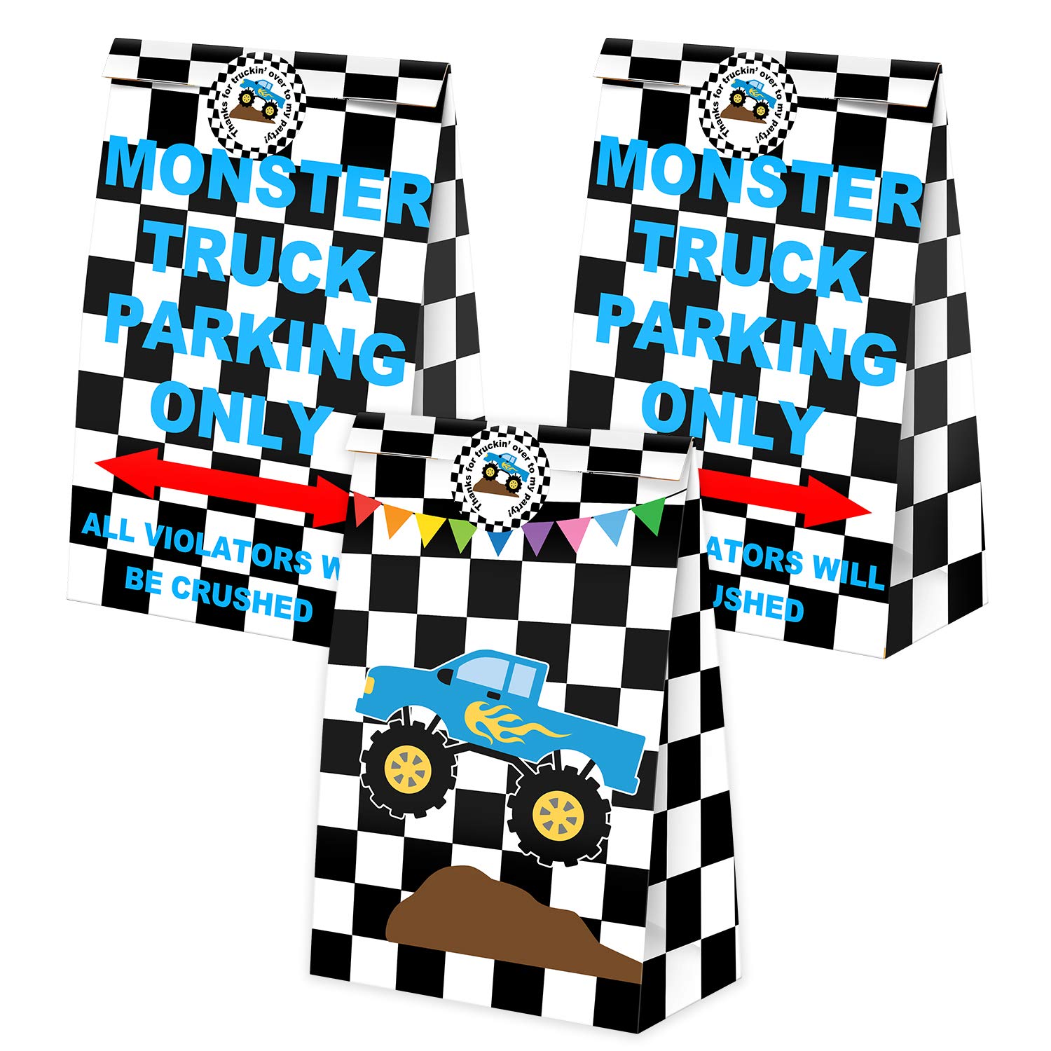 24 Pack Monster Truck Party Candy Favor Bags with Stickers, Monster Truck Goodie Gift Treat Bags Monster Truck Themed Birthday Party Supplies