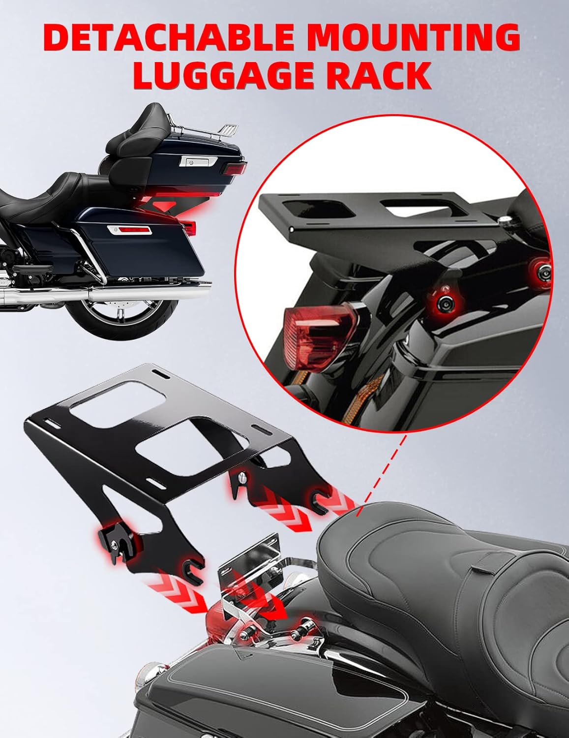 Amazicha Detachable Two 2 Up Tour Pack Pak Luggage Rack Mounting Rack Black Compatible for Harley Davidson Touring Street Glide/Electra Glide/Road Glide/Road King 2014-2024