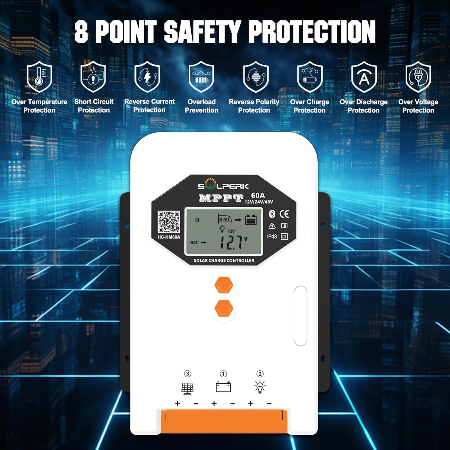 SOLPERK MPPT Solar Charge Controller, 60A 12V/24V/48V Auto, Input LCD Display Regulator Intelligent Solar Panel Regulator for LiFePO4, SLD,Gel Sealed, Lithium, AGM, Flooded Battery