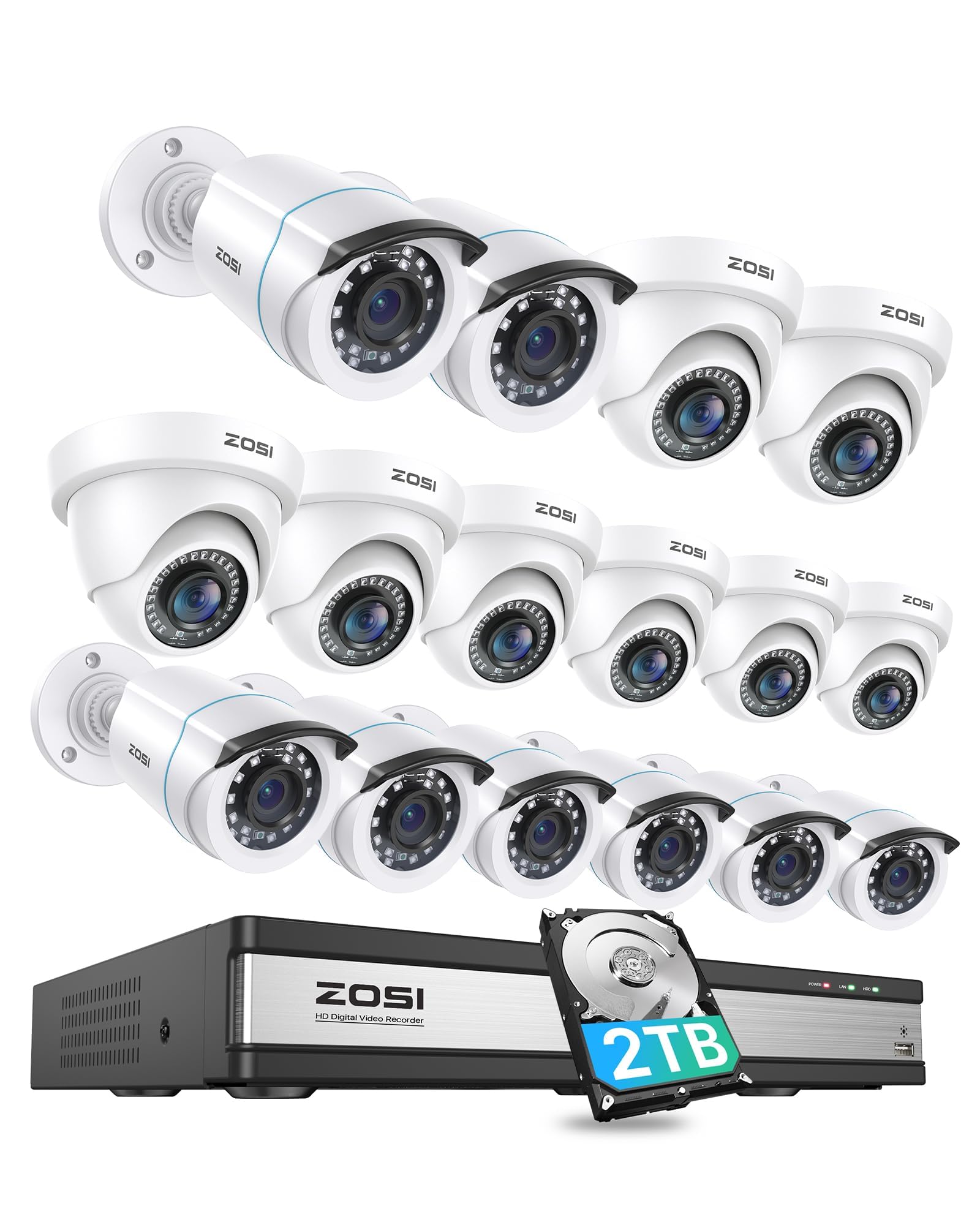 ZOSI H.265+ 1080p 16 Channel Security Camera System, 16CH DVR with AI Human Vehicle Detect, 12 x 2MP Weatherproof Surveillance CCTV Bullet Dome Camera Outdoor, Night Vision, Remote Access, 2TB HDD