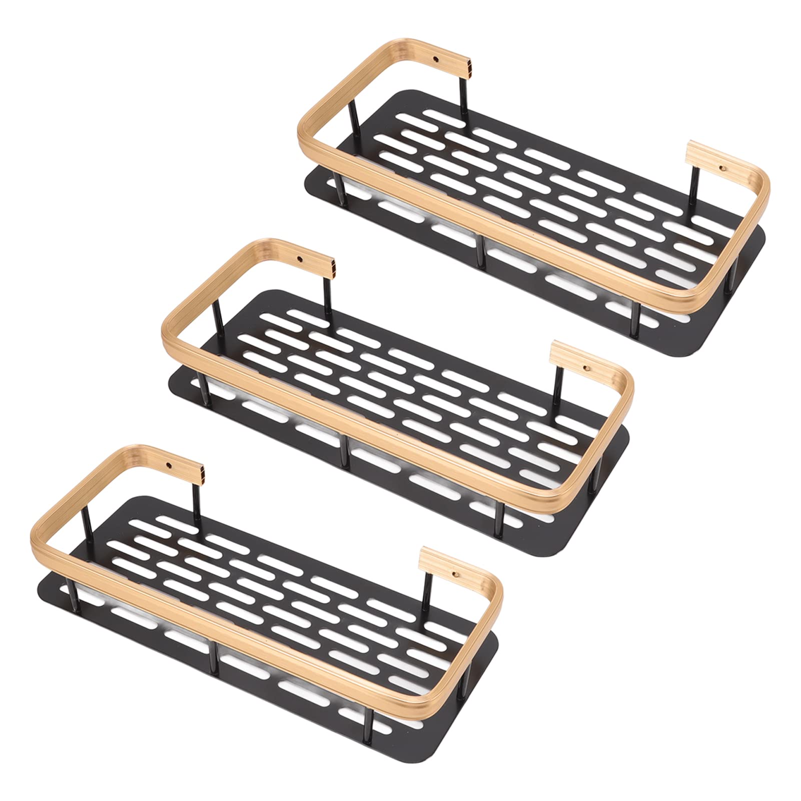Estante de almacenamiento de ducha de 3 capas rectangular de aluminio sin perforaciones, cesta organizadora de ducha con calcomanías para el hogar, hotel, baño, cocina (negro dorado)