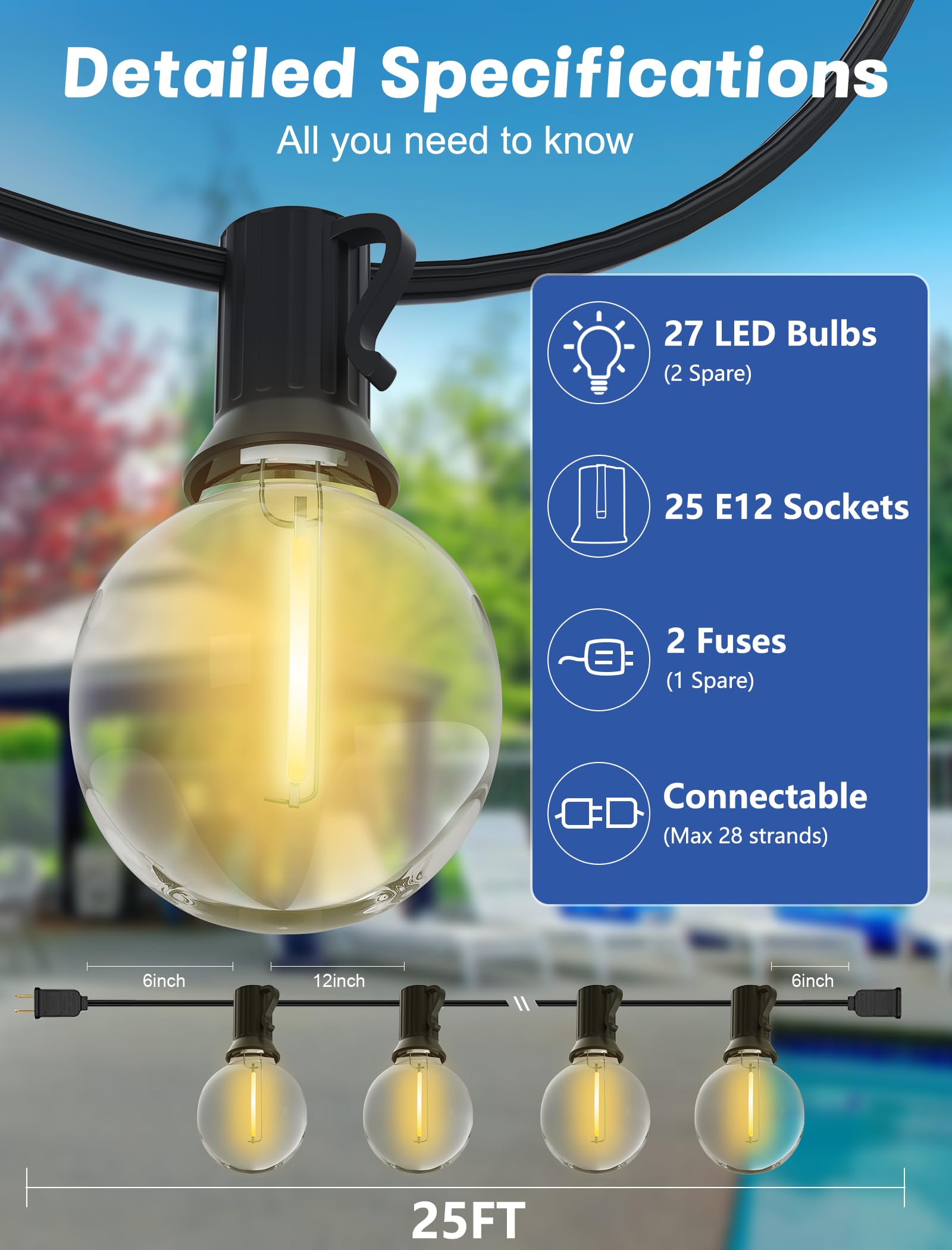G40 - Tira de luces LED para exteriores, impermeable, inastillable, 25 pies, luces de globo para exteriores con 25 luces LED de plástico transparente para cafetería, bistró, porche, pérgola 2