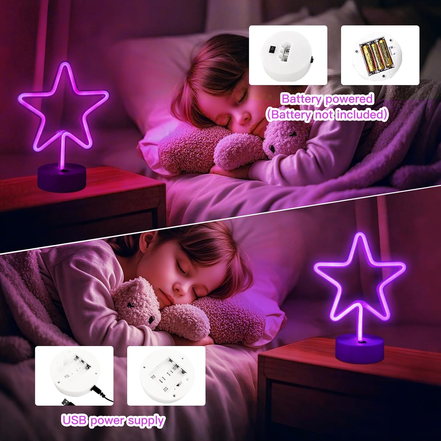 Star Neon Sign LED Star Lights for Wall Decor Battery Powered or USB Neon Star Light with Base Neon Sign for Bedroom Party Bar Gift Birthday Decoration Pink & Purple-2PCS