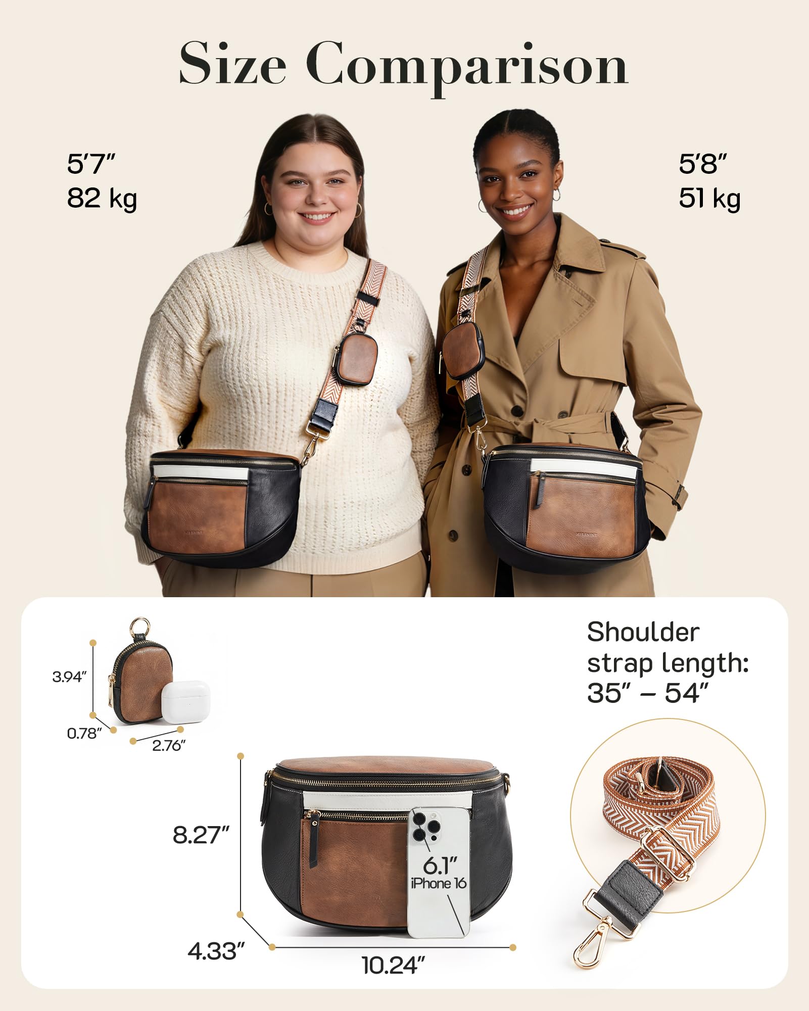 Missnine Crossbody Bags for Women, Vegan Leather Purses for Women Bum Bag Small Shoulder Handbags with Wide Strap | Water-resistant, 6L Capacity, Headphone Pouch - 5