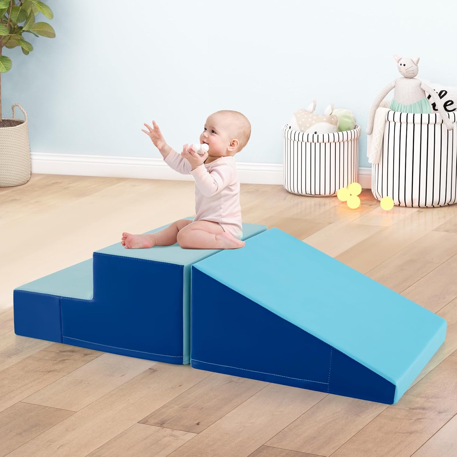 Olakids Climbing Toys for Toddlers, Indoor Baby Foam Climbing Blocks Soft Play Set with PU Leather, Kids Climb and Crawl Playset Sliding Activity Structure Gym Playground Climber (Navy)
