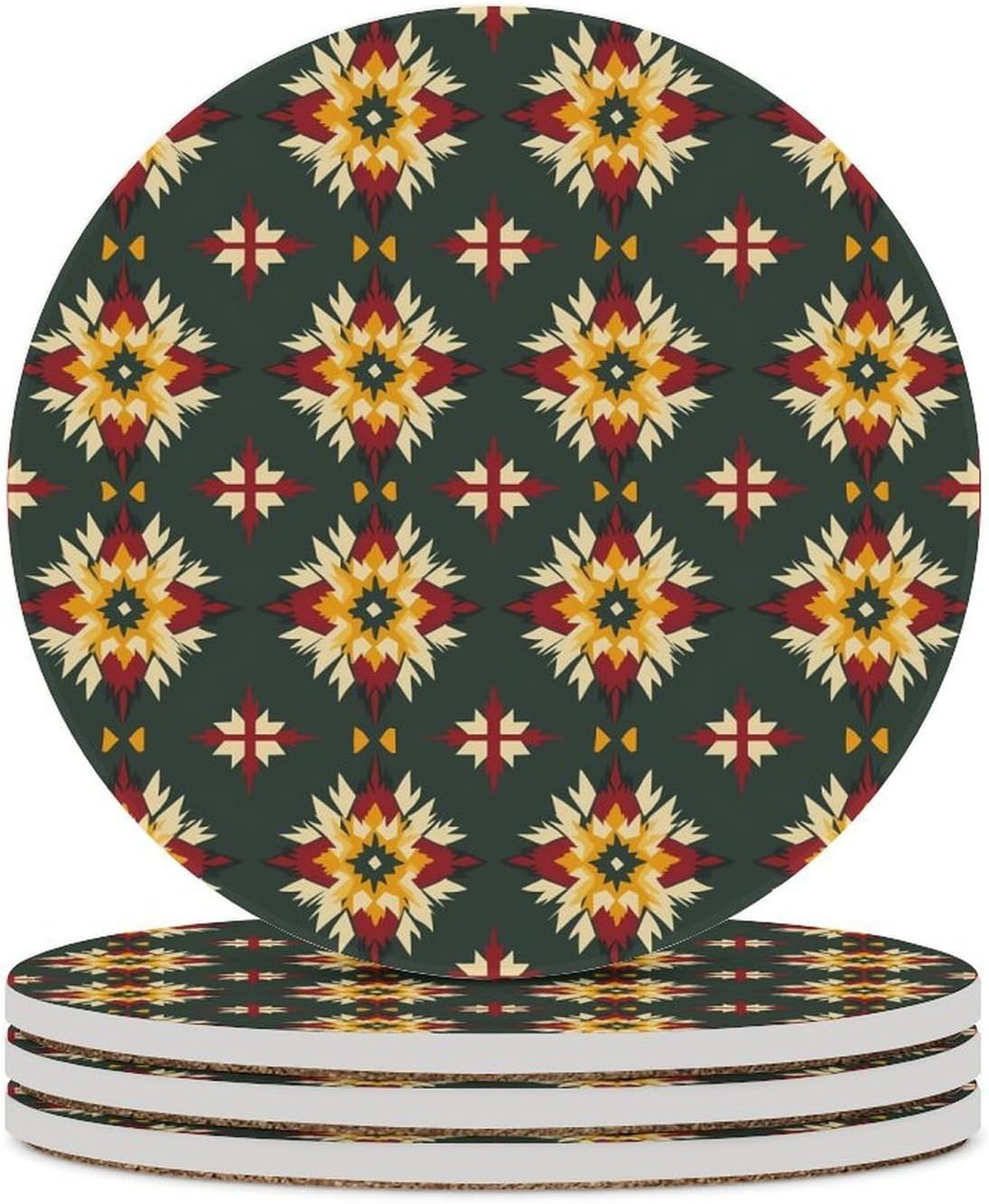 Southwestern Navajo Pattern Round Ceramic Coasters Print Drinks Absorbent with Cork Base for Home Decor Gifts 4 Inch