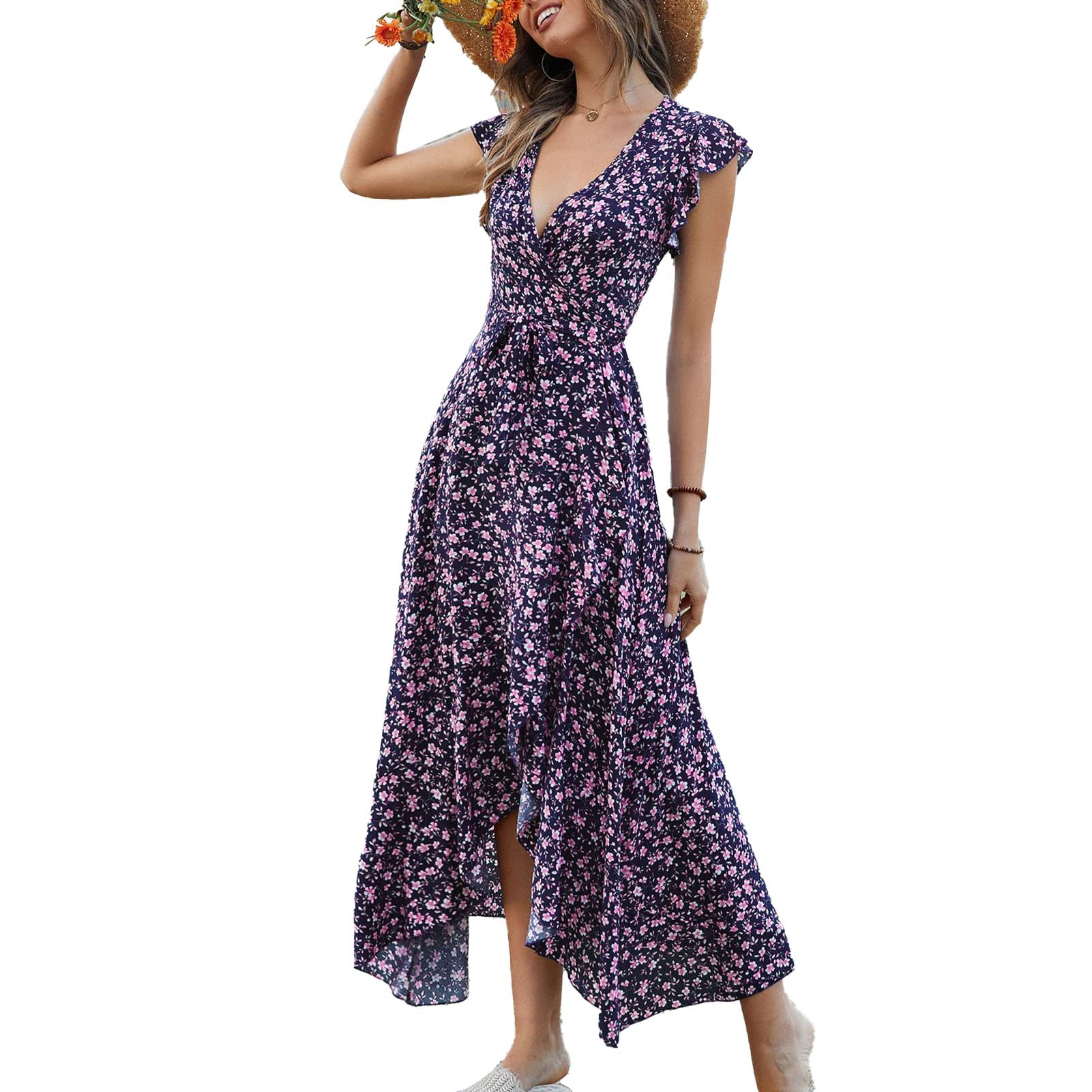 RTLRPrinted Dress, Casual Easy To Match V Neck Ruffle Summer Dress for Daily for Holiday (L)