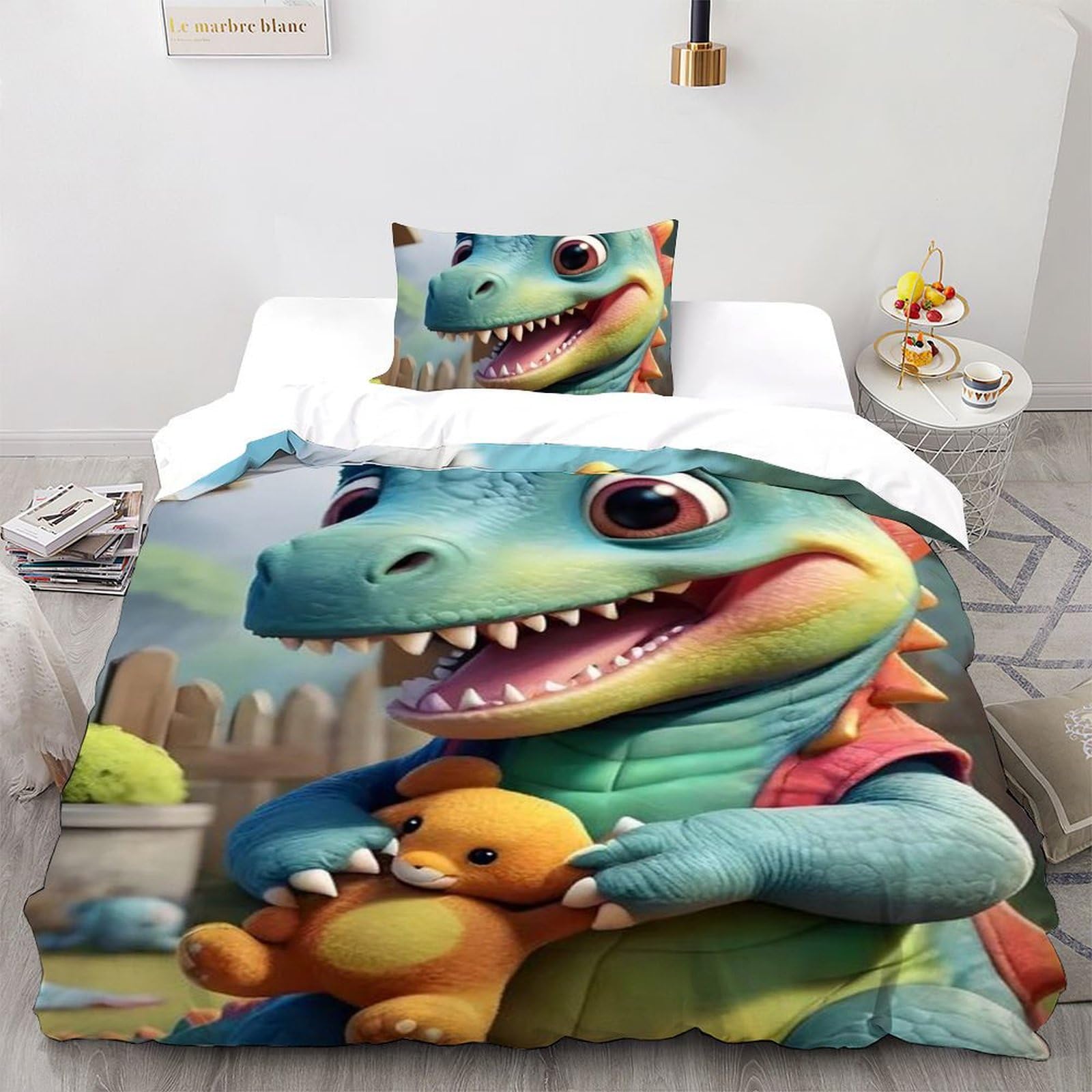 Housse de couette dinosaure anti-plis en microfibre pour lit d'enfant 135x200