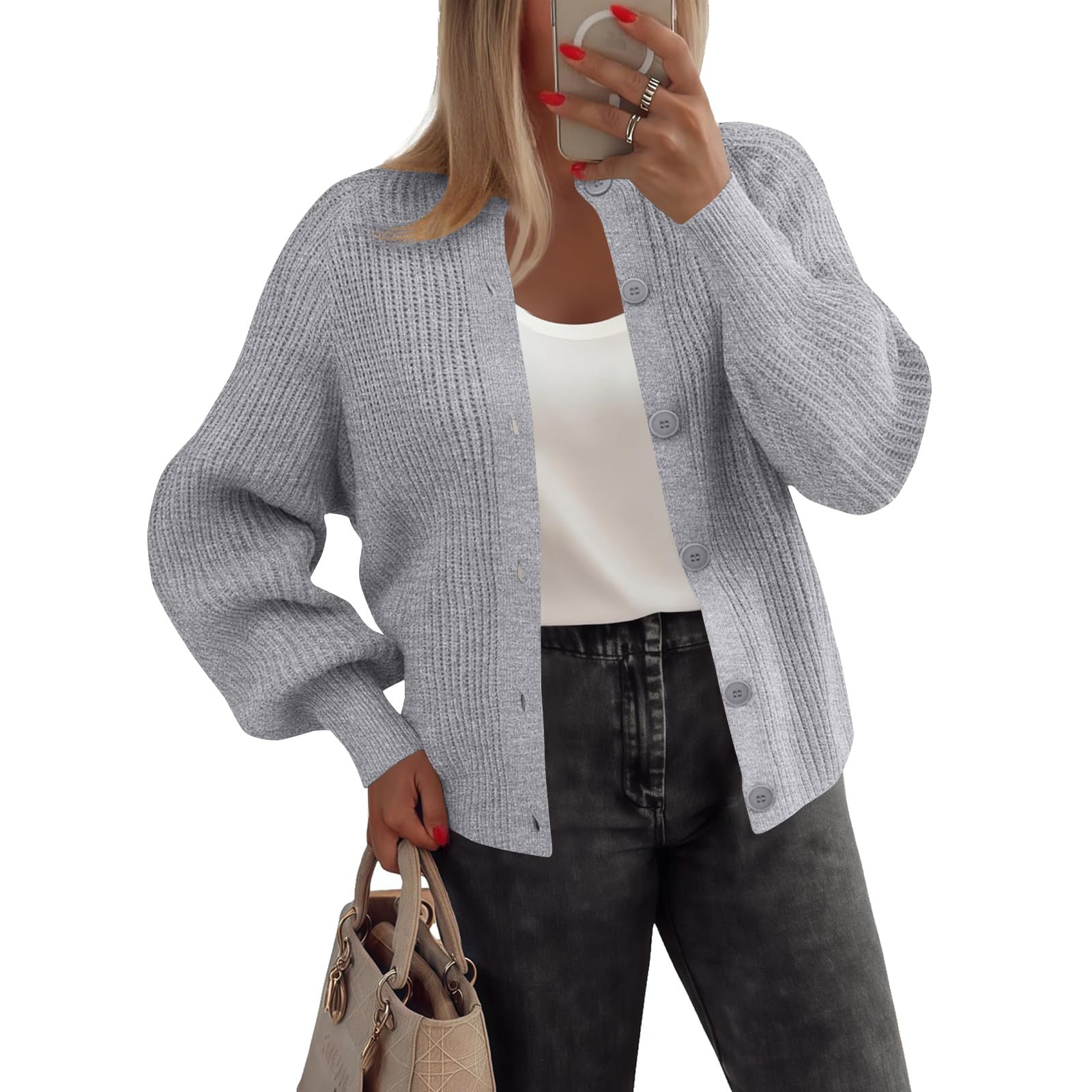 Womens Cardigan Sweaters Loose Chunky Knit Open Front Cardigan Long Sleeve Button Down Sweater Coat Fall Outerwear