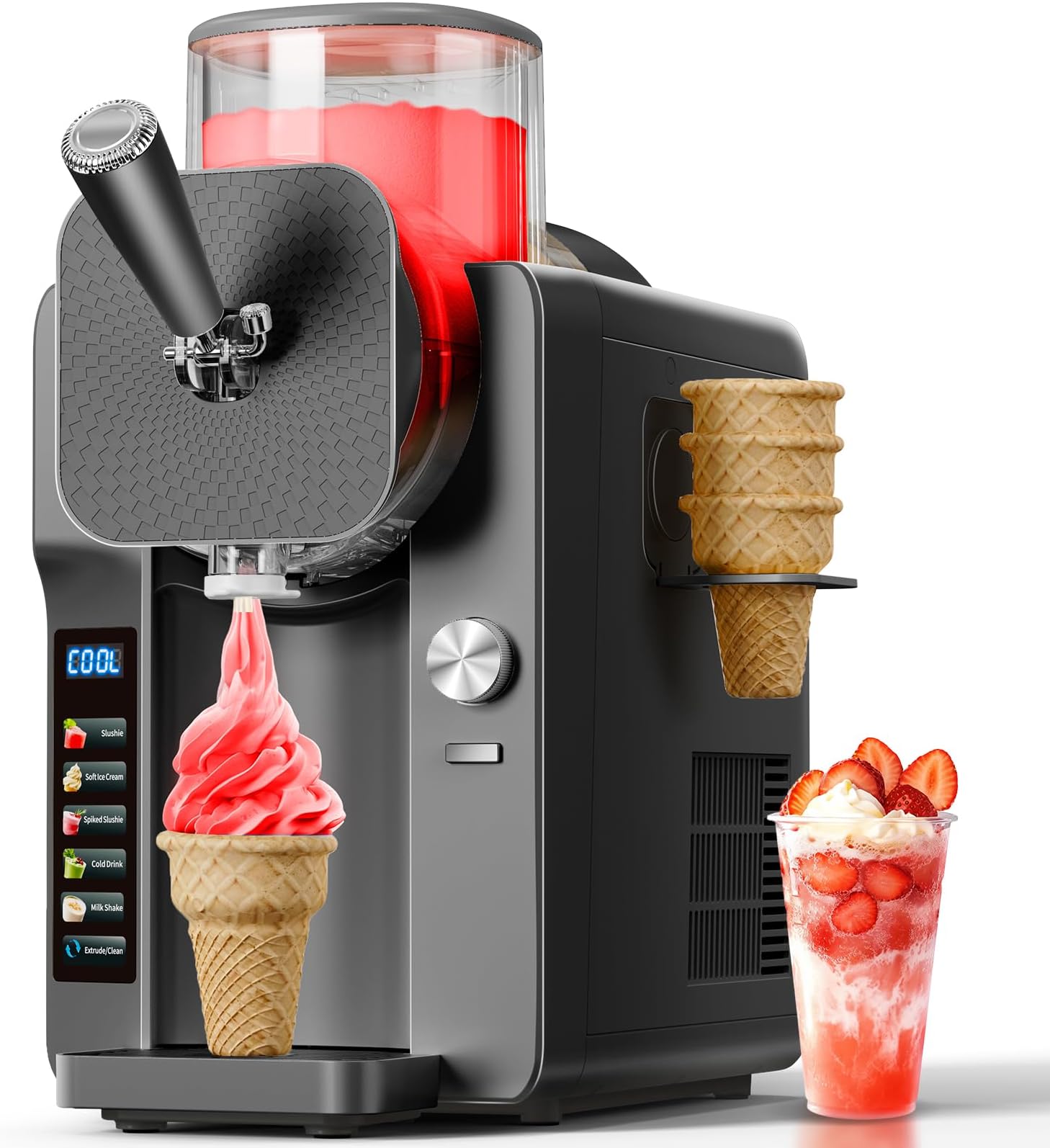 2-in-1 Slush Machine & Ice Cream Maker Machine, 6 Modes for Smoothies, Milkshakes, Cocktails, Margarita, and Ice Cream, Double-Layer Tank, with Ice Cream Cone Holder, Self-Cleaning, for Home Use