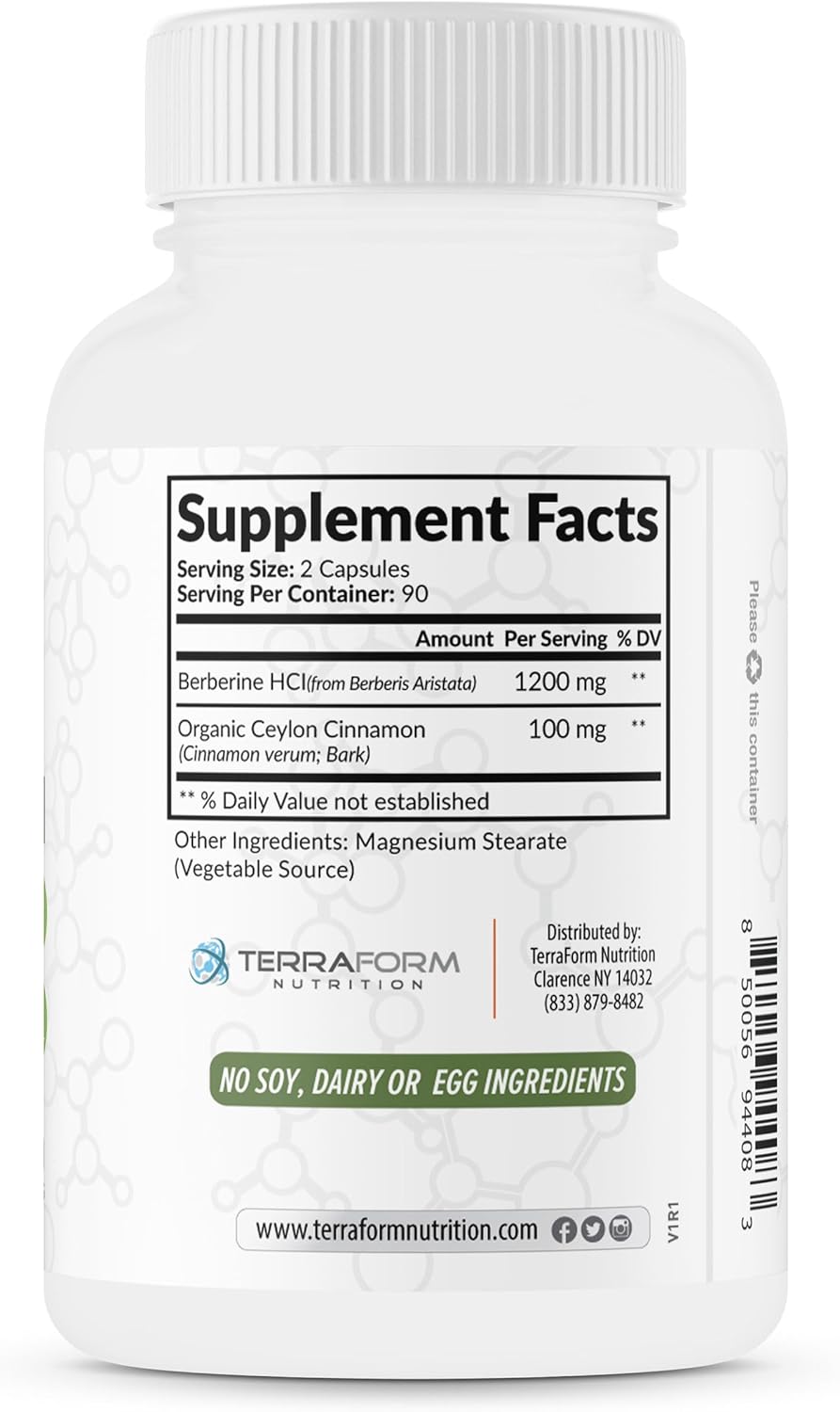 TerraForm Nutrition Berberine Supplement with Ceylon Cinnamon – Berberine HCL 1200 mg + 100mg Cinnamon Capsules - 3 Month Supply - Pure Berberine + Ceylon Cinnamon for Metabolic Support