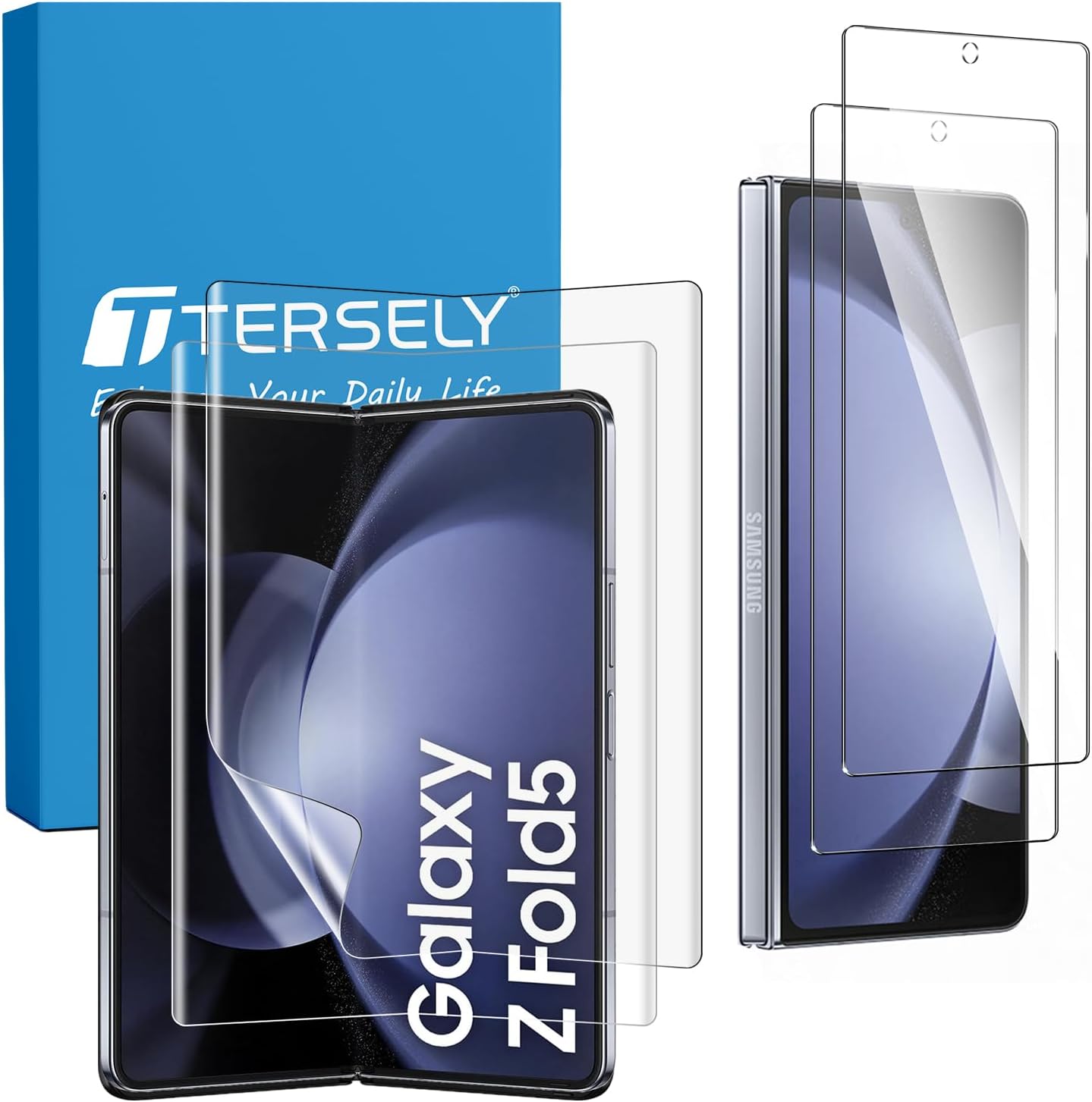Tersely Hydrogel Screen Protector for Samsung Galaxy Z Fold 5 5G, Front Tempered Glass + Inside TPU Film (2 Pack)
