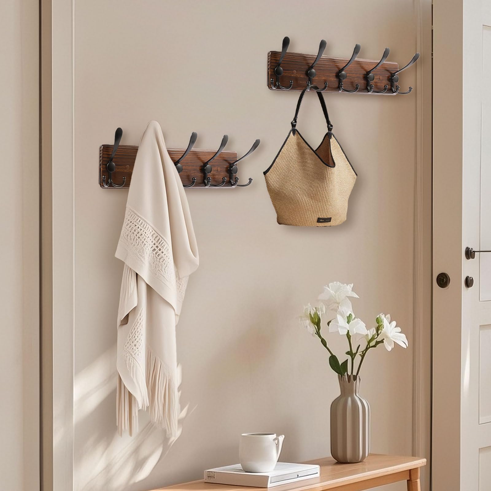 Homagic Perchero de pared de 16.8 pulgadas, rústico para sombreros con 5 ganchos triples, ganchos de pared para colgar abrigos, bolsos, toallas