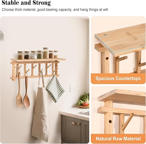 Miniatura 8 de Perchero montado en la pared con ganchos de estante para colgar abrigos con estante de entrada, estantes colgantes con 6 ganchos giratorios para