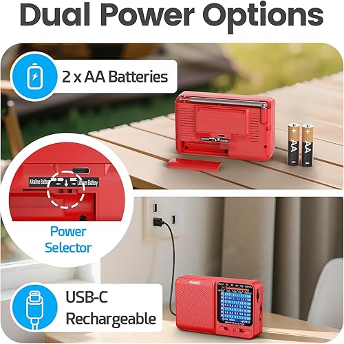 Miniatura 8 de PRUNUS J-711 Radio portátil AM/FM/SW1-SW7 Radio de onda corta, carga USB-C y funciona con pilas AA, excelente recepción, antena larga, conector
