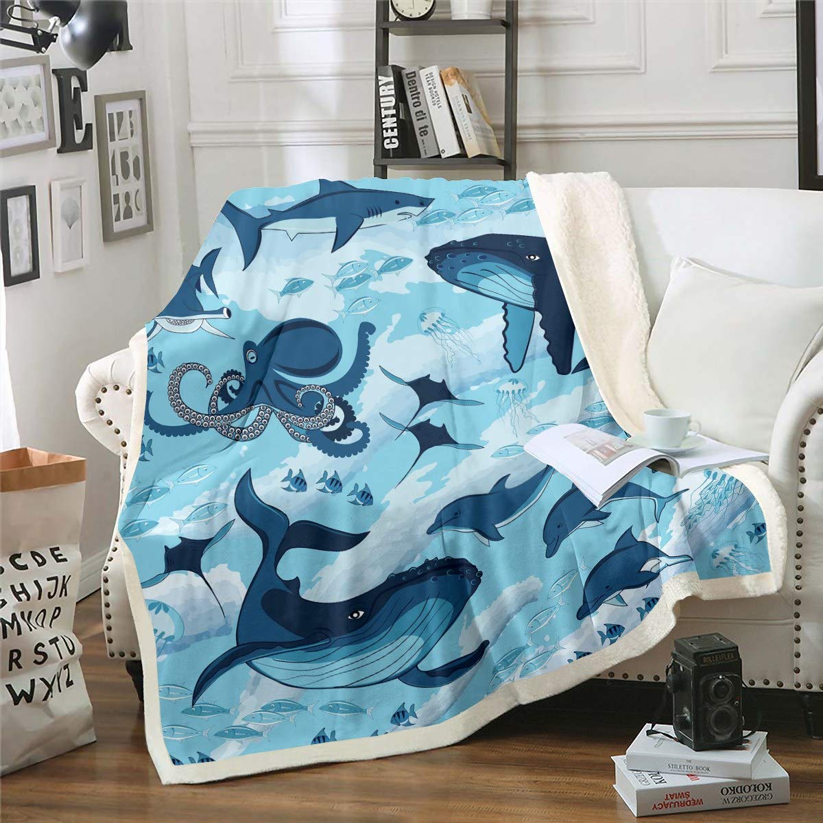 richhome Coperta in pile di flanella, motivo balena blu navy