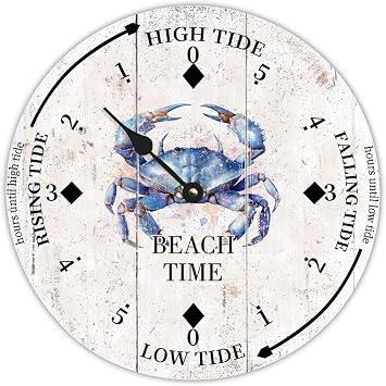 Beach Time Ocean Crab Farmhouse Wood Tidal Clock East Coast Ocean Time Nautical Moon Wooden Clock High and Low Tide Clock Decoration for Beach House Home Sailing Gifts 15 Inch