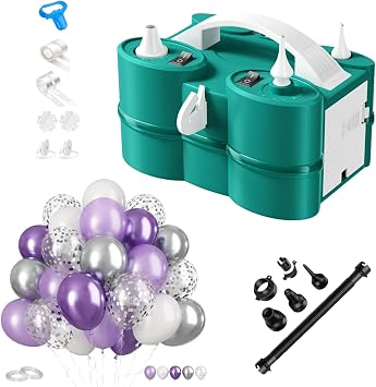 FunHot Electric Balloon Pump with Balloons Set, Portable Dual Nozzle Air Pump for Balloons, Green White 3-in-1 Balloons Blower Machine with 60PCS pink purple balloons for Birthday Party Decoration