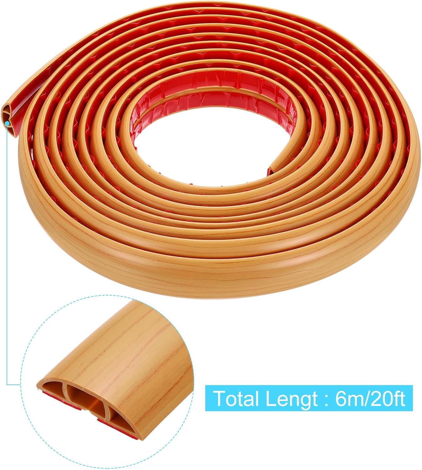 MECCANIXITY 20ft Floor Cord Cover, Self Adhesive Cord Hider 0.5" W x 0.3" H for Cable Management Cable Protector, Light Brown Wood