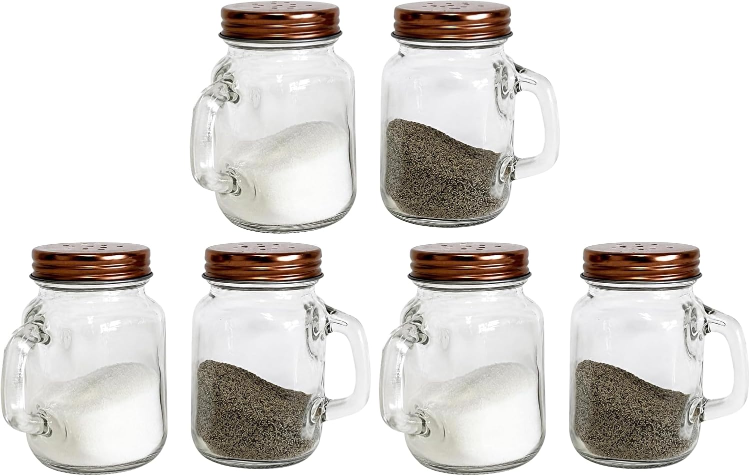 Mason Jar Salt and Pepper Shakers Set 4 oz Glass Shakers with Handles Copper-Tone Lids Rustic Farmhouse Kitchen Dining Table