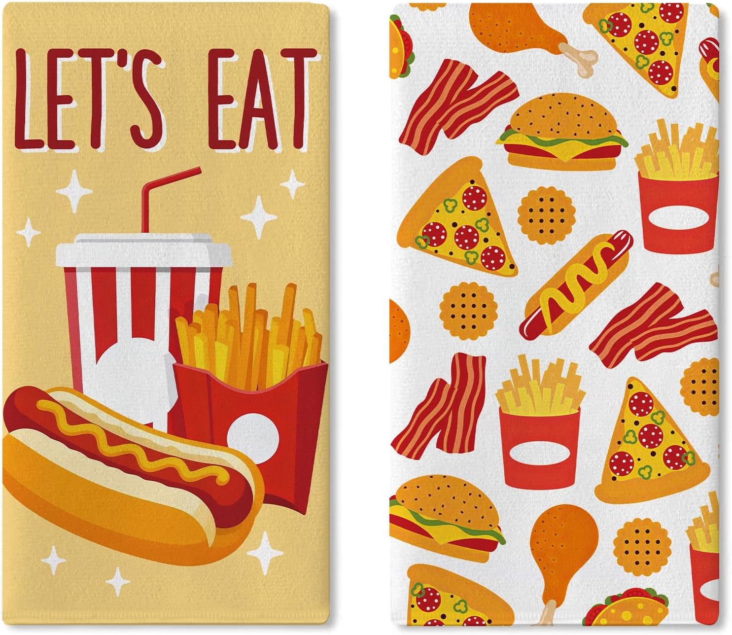 Let's Eat Fast Food Kitchen Dish Towels Set of 2, Funny Snack Hot Dog
