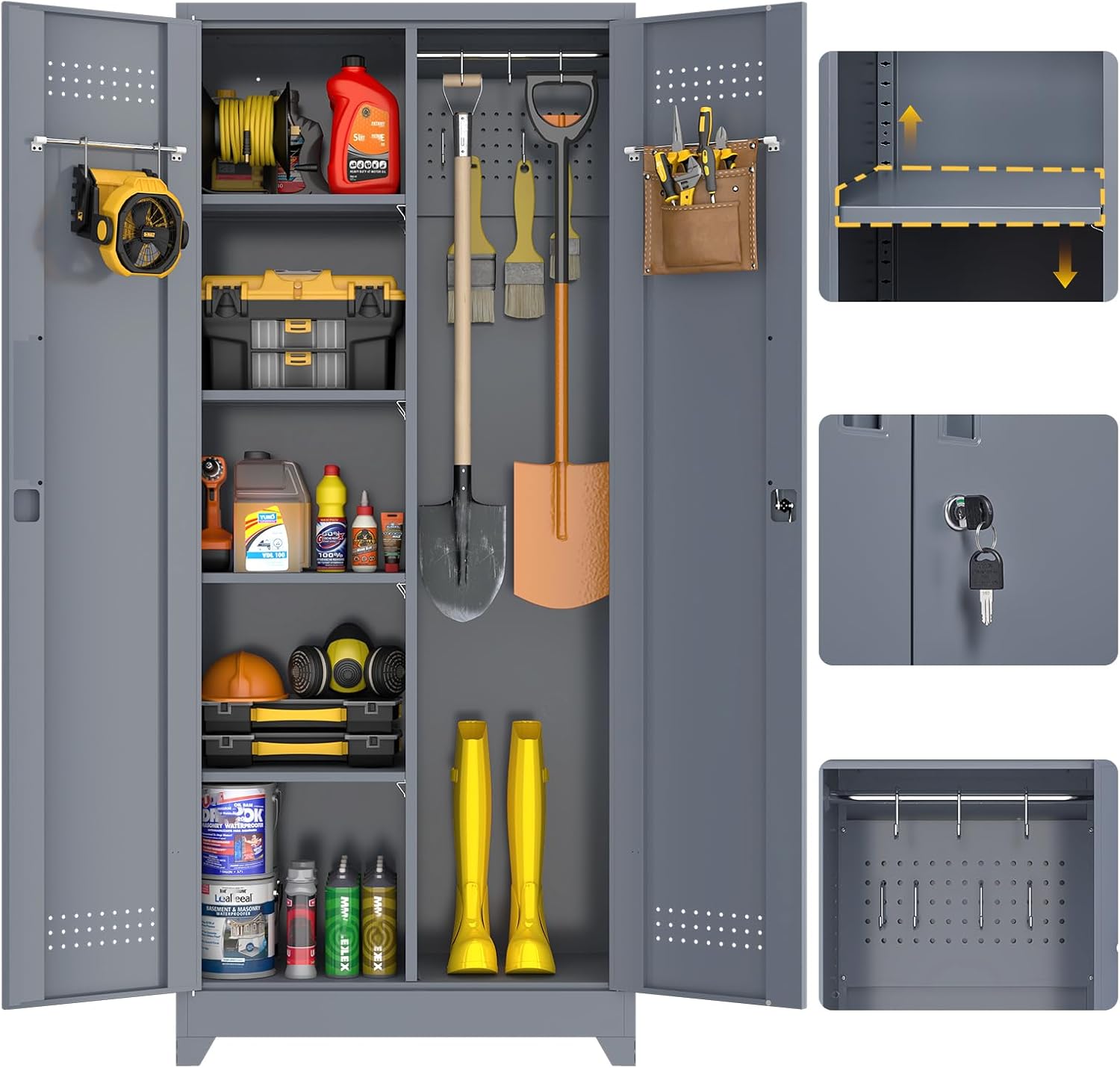 GREATMEET 72.8" Broom Storage Cabinet,Metal Storage Cabinets for Cleaning Supplies with Pegboard, Utility Closet, Broom Mop Cabinet, Grey