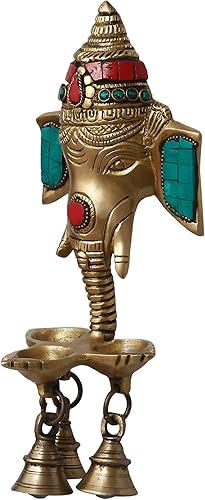 Miniatura 7 de eCraftIndia Obra de piedra dorada y colorida hecha a mano Lord Ganesha colgante de pared de latón Diya de 3 mechas con 3 campanas - Diya de
