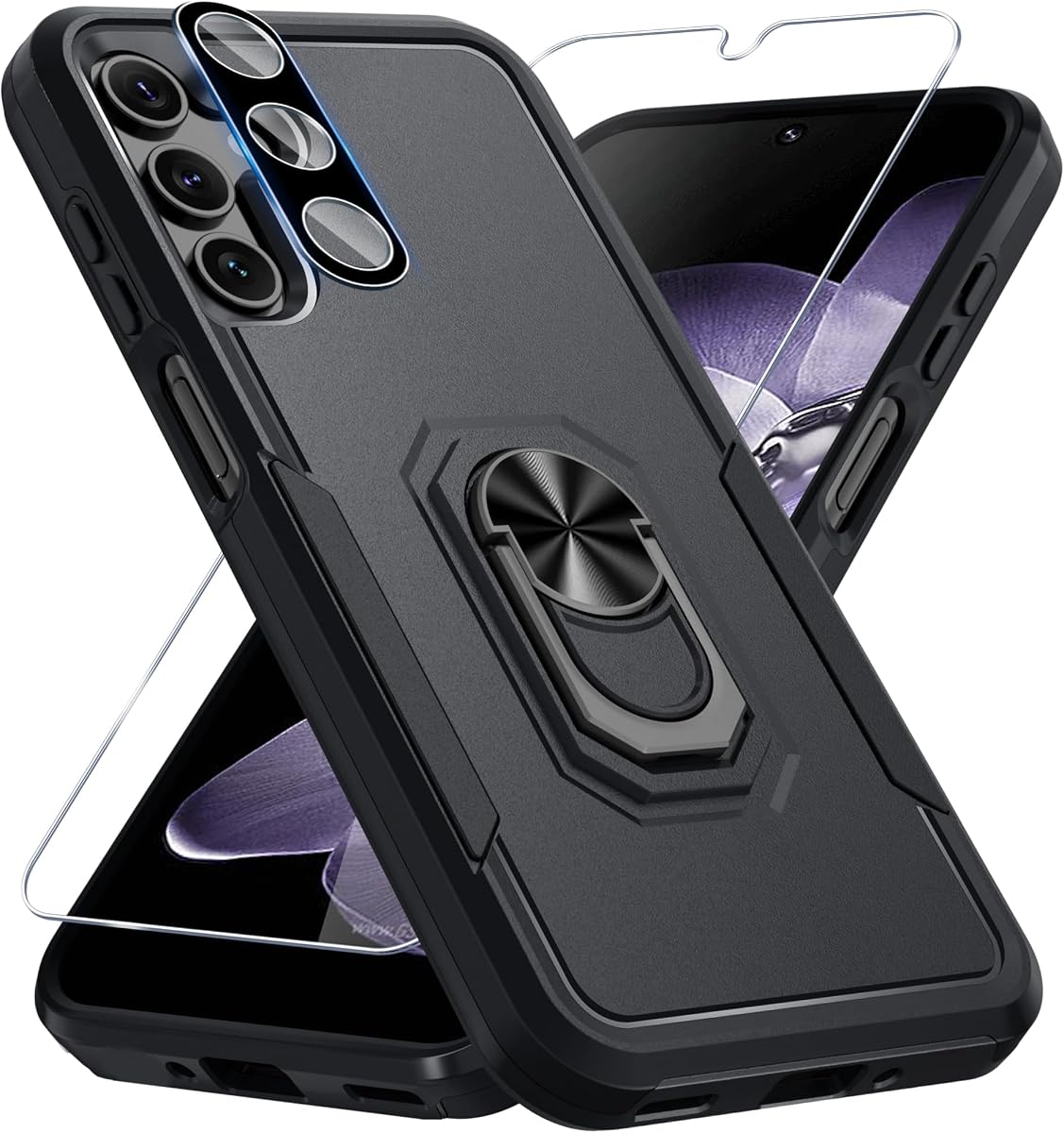 Funda diseñada para Samsung Galaxy A16 5G con soporte de anillo de metal integrado | Protector de pantalla de vidrio templado+Protector de lente de cámara,Cubierta de teléfono de cuerpo completo resistente con soporte incorporado,Negro mate