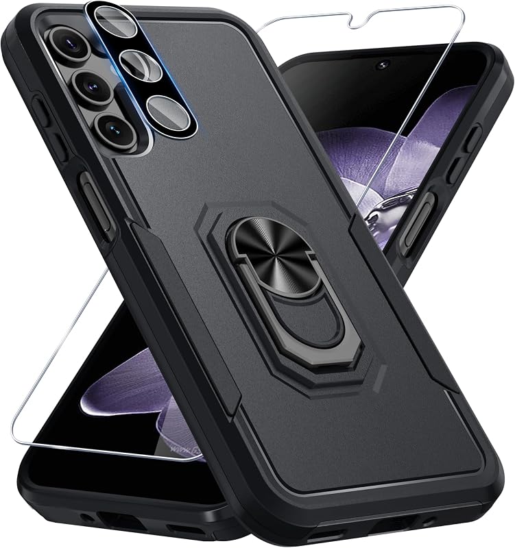 Funda diseñada para Samsung Galaxy A16 5G con soporte de anillo de metal integrado | Protector de pantalla de vidrio templado+Protector de lente de cámara,Cubierta de teléfono de cuerpo completo resistente con soporte incorporado,Negro mate