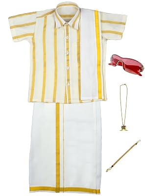 AMIRTHA FASHION Boys Traditional Dhoti & Shirt Set with Accessories (Kasavu Cream White), Kerala Kasavu Cotton With Gold