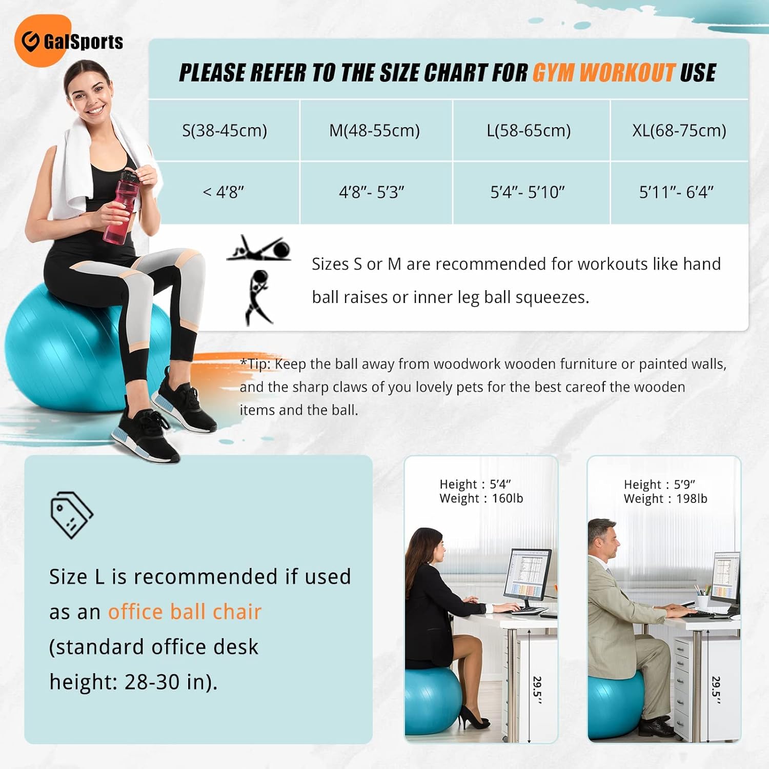 GalSports Exercise Ball (45cm-75cm), Yoga Ball Chair with Quick Pump, Stability Fitness Ball for Core Strength Training & Physical Therapy : Sports & Outdoors