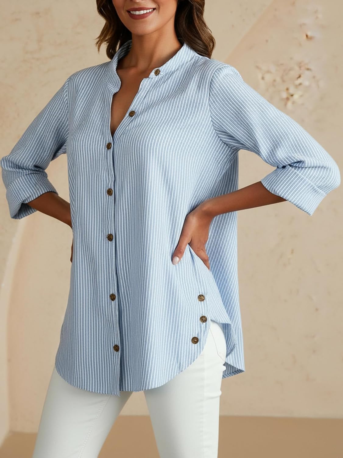 Women's Striped Button Down Shirt V Neck Long Sleeve Dressy Casual Blouses - Image 4