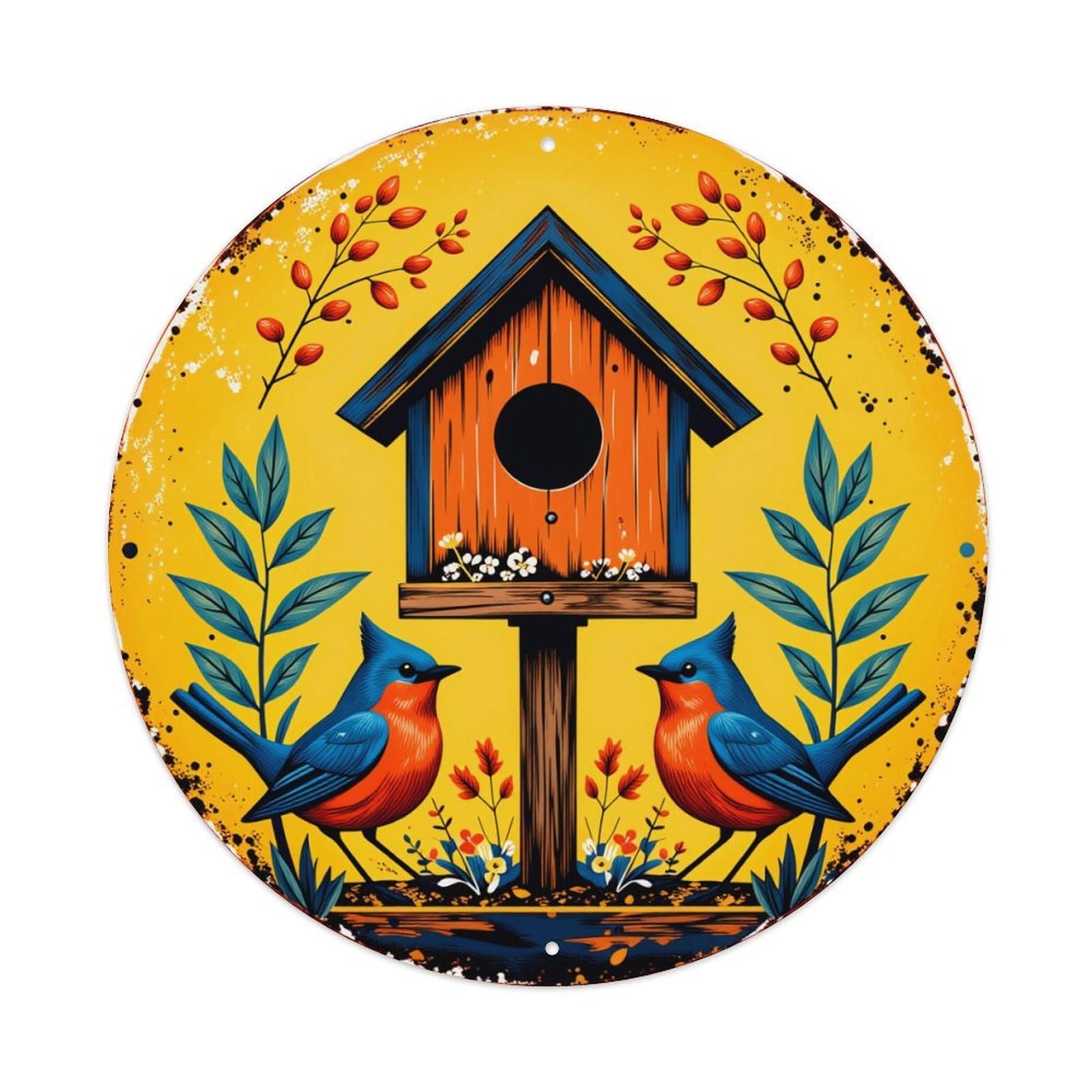 Birdhouse With Birds And Flowers Round Tin Sign Vintage Style Metal Sign Home Bar Garden Wall Plaque Decor Metal Poster 8x8 Inch