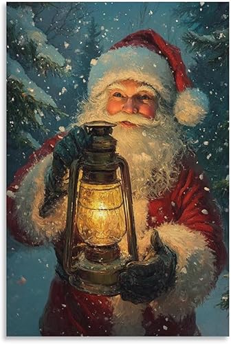 Arte De Pared Vintage De Papá Noel, Papá Noel Sosteniendo Linterna En Póster De Tormenta De Nieve, Póster De Lienzo Tradicional De Invierno Para