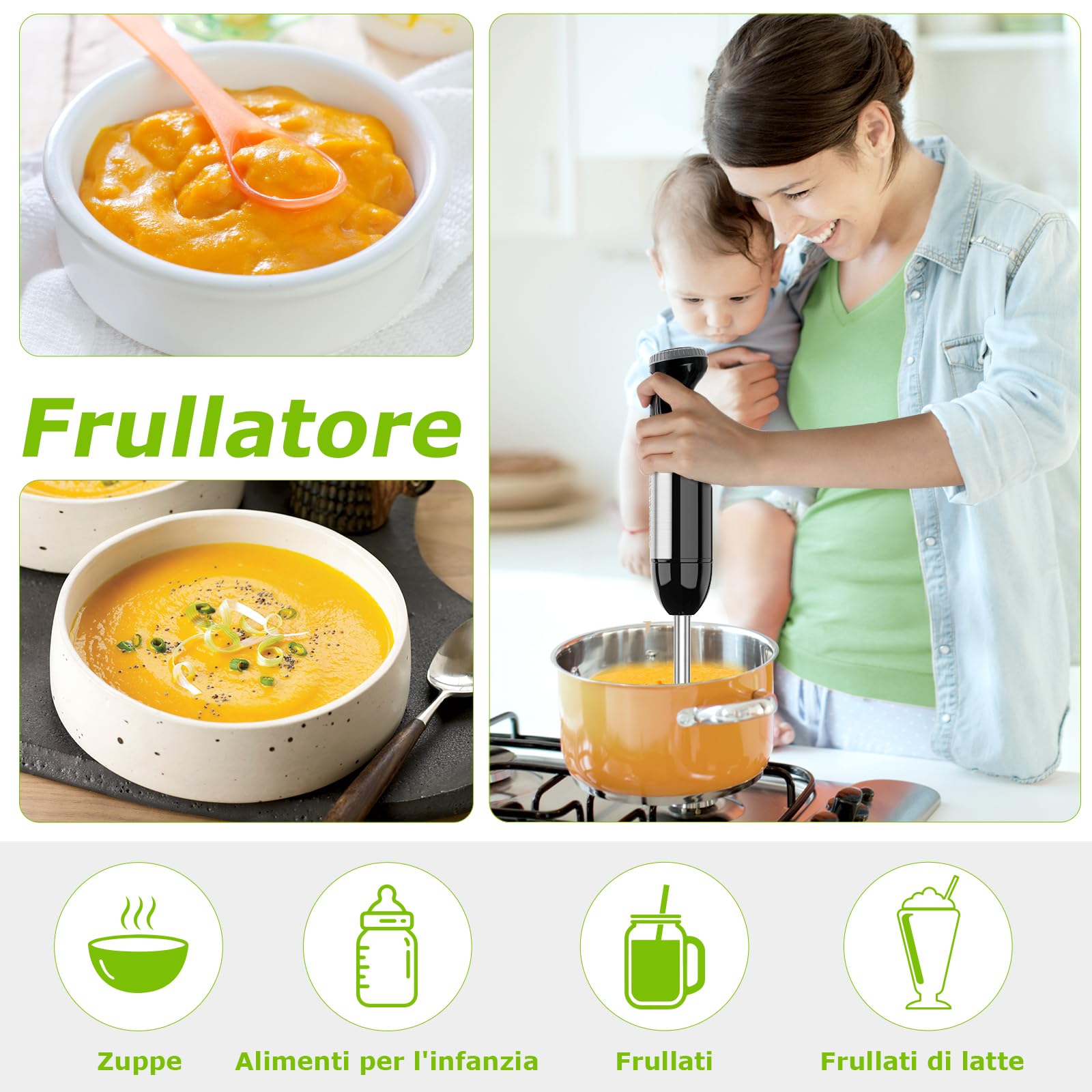 Bonsenkitchen Frullatore a Immersione 4-in-1, Piede in Acciaio Inox, 1000W