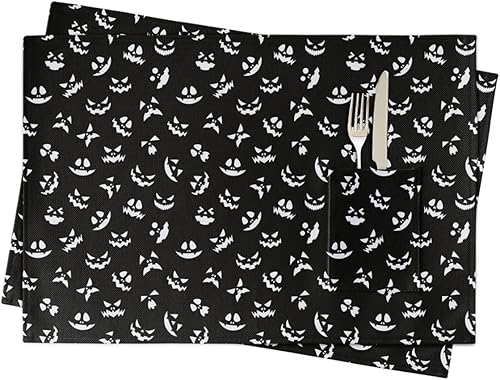 Halloween Table Placemats for Dining Table Set of 2, Cotton Linen Cloth Kitchen Place Mats with Pocket, Washable Burlap SquareRectangleRoundOblong