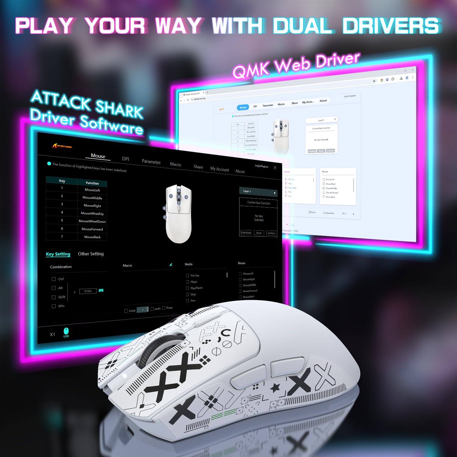 ATTACK SHARK X1 Mysz do gier z magnetyczną stacją ładującą, czujnik PixArt PAW3395PRO, 40000DPI, ultralekka 49 g, bezprzewodowa / przewodowa Bluetooth / 2,4 GHz, 100 m mikroprzełączniki do komputerów