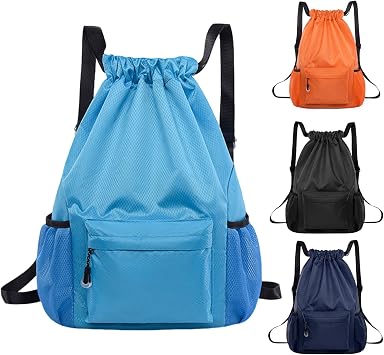 Drawstring Bags, Large Waterproof Sports Backpack Unisex Blue | String Backpack for Kids Adults, Swim PE Bags Drawstring Gym Bags Swimming Bag for School Travel Workout