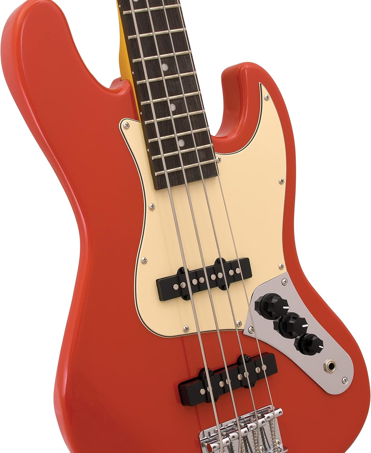 JB Electric Bass Guitar- Fiesta Red, Basswood Body, Amber Maple Neck, Rosewood Fingerboard & 3ply Ivory Pickguard