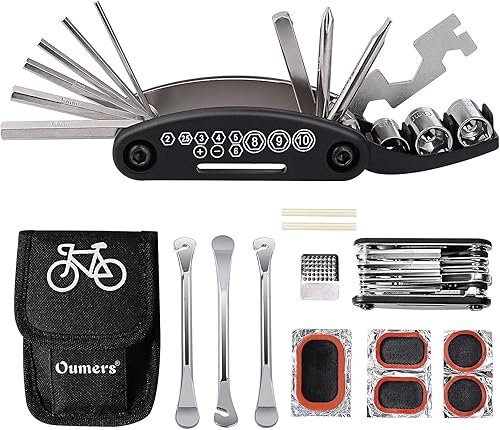 Oumers Kit de reparación de mecánico de ciclismo multifunción con palanca de neumático de 3 piezas, 5 piezas de parches de neumáticos para raspador