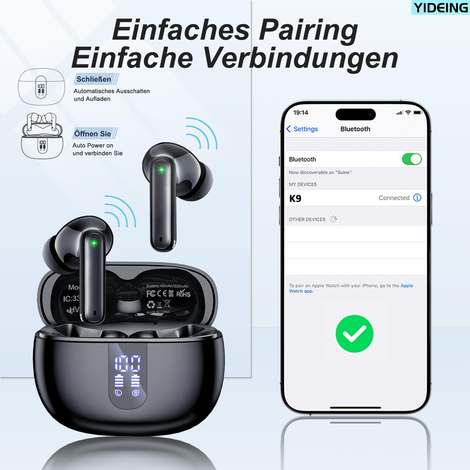Auricolari Bluetooth senza fili,Auricolari Bluetooth 5.3,40 ore di autonomia con schermo di alimentazione LED, IPX7 impermeabile, con audio stereo Hi-FI,Intraauricolari con microfono, nero