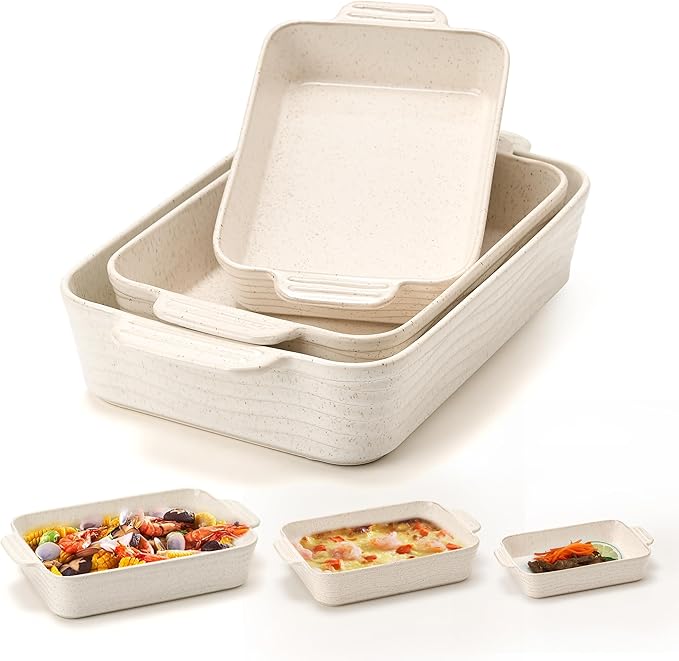 Ceramic Baking Dish Set of 3, Casserole Dishes for Oven, Square Porcelain Bakeware Set with Handles, Lasagna Baking Pan for Cooking, Perfect for Baking and Serving, Housewarming, Halloween, Thanksgiving, Christmas, New Year-Reactive White